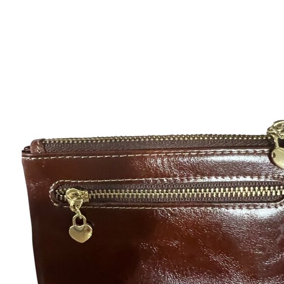 Small Brown Dual Zipper Leather Coin Purse With Gold Heart Zipper Pull - Picture 4 of 5